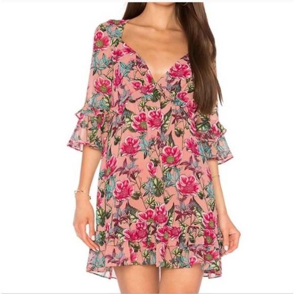 FOR LOVE & LEMONS churro floral babydoll mini dress ruffle pink flamenco size M - Picture 1 of 14